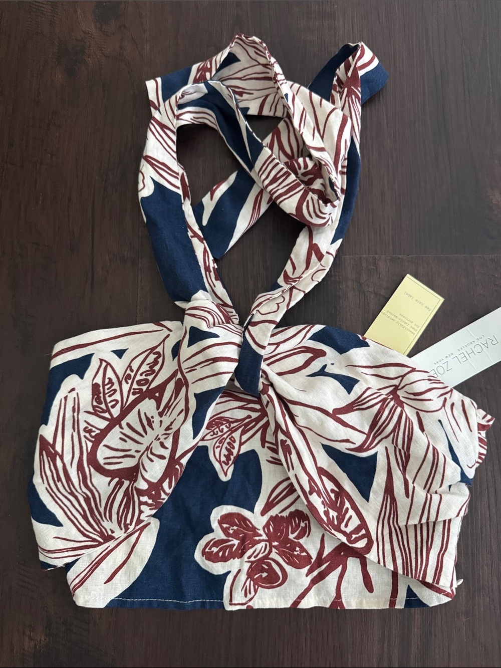 Rachel Zoe Halter Top Cropped Navy Cream Rust Floral Tie-Neck